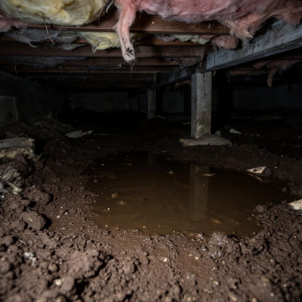 Unsealed crawl space with standing water and damaged insulation